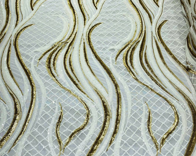 Sequins Fabric Two Tone White- Matte Gold Geometric Design 4Way Stretch Sequin Fabric Spandex Mesh BTY