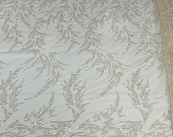 Beaded Leaf Pattern Fabric, Embroidered Mesh, Blush Wedding Bridal Fabric by the Yard
