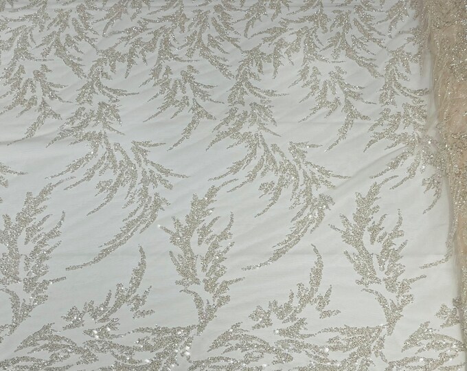 Clear Leaf Pattern Beaded Fabric by the yard (Pick a size ) Mesh Blush Embroidered Floral Beaded Wedding Bridal Fabric