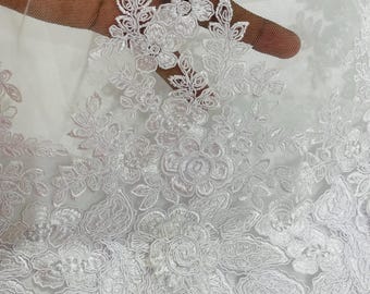 White 3D Flower Embroidery Lace Fabric, Corded Mesh, Bridal Wedding