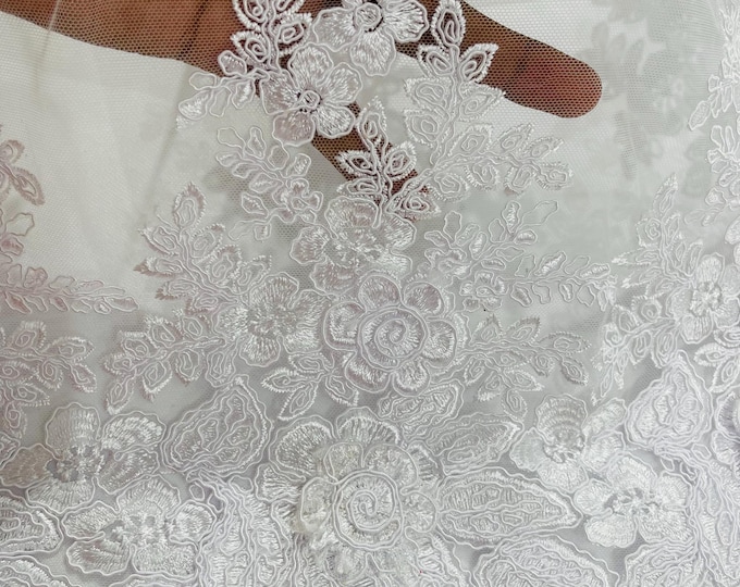 White 3D Flower Embroidery Lace Fabric By The Yard, Corded 3D Flower Embroidery Lace Fabric on a Mesh Lace Fabric For Wedding-Bridal