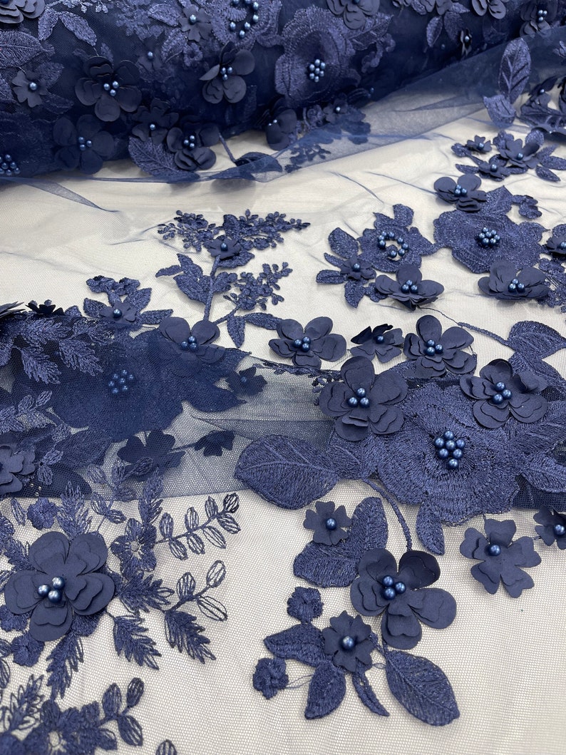 Navy Blue 3D Floral Lace Fabric With Pearls - Bridal Wedding Lace - Etsy