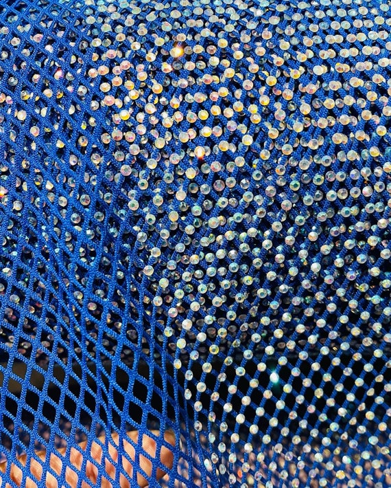 Iridescent Rhinestones Fabric on Royal Blue Stretch Net Fabric, Spandex  Fish Net With Crystal Stones Sold by the Yard -  Israel