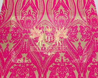Hot Pink Sequin Fabric – Damask Design, 4-Way Stretch Mesh, By The Yard
