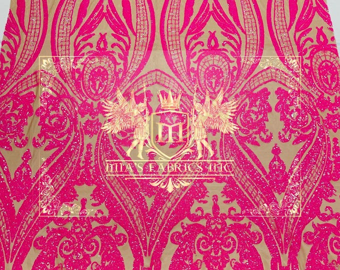 Hot Pink Sequin Fabric - 4 Way Stretch Fancy Big Damask Design Sequins on Spandex Mesh Prom Gala Gown Fabric By The Yard