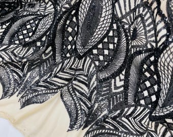 Black Sequins Fabric on Nude Mesh - by the yard - Royalty Design on Mesh 4way Stretch Sequin-Prom-Gown