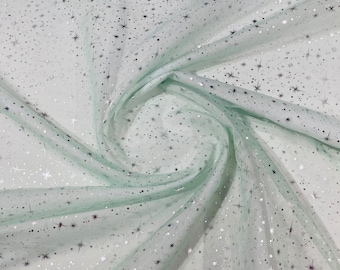 Foil Stars Silver On Mint Sheer Organza Sold by the Yard, 60" Wide - Organza Fabric For Dresses, (Pick a Size)