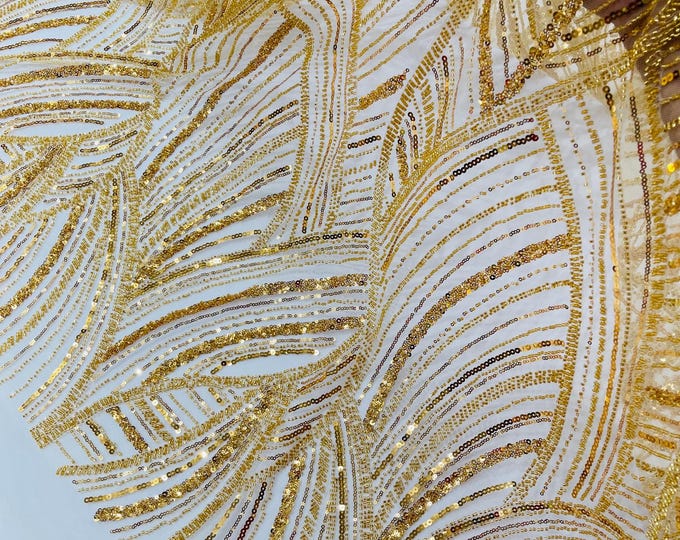 Gold Beaded Lace Fabric: Embroidered Mesh, Bridal Wedding Dress - Fashion Beaded