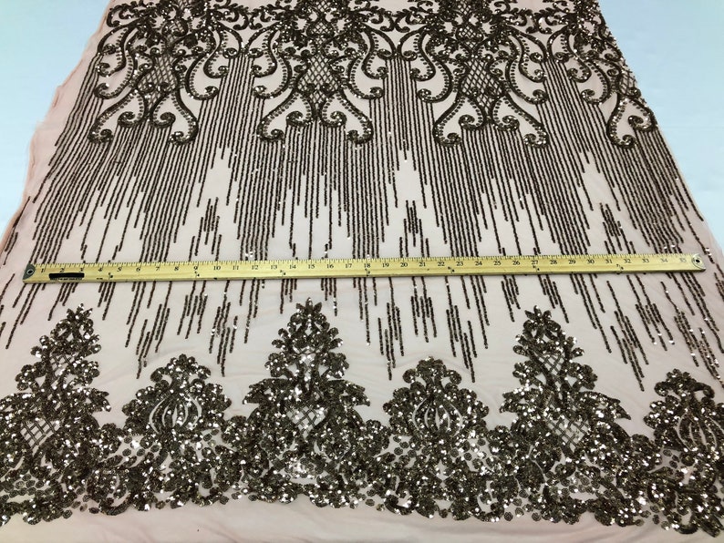 Dusty Rose Sequins Lace Fabric On Mesh Damask Design Embroidered On 4 way Stretch Sequin By The Yard Choose The Size Prom-Gown