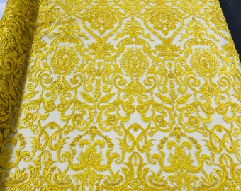 Yellow Embroidered Damask Lace Fabric with Pearls and Beads By The Yard