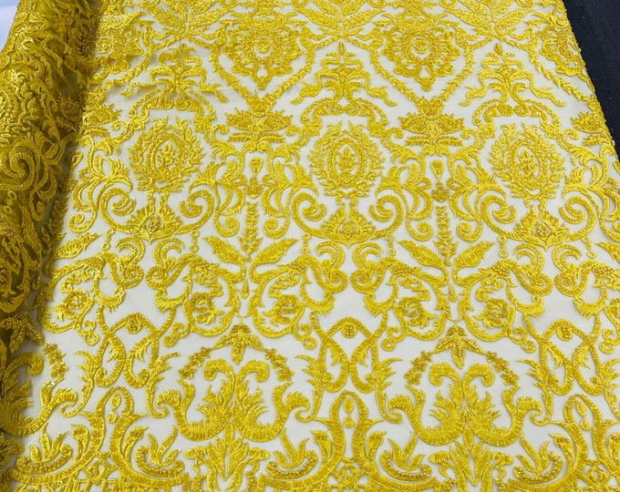 Yellow Embroidered Damask Pattern With Pearls and Beads on a Mesh - Beaded Fabric - Lace Fabric by the yard