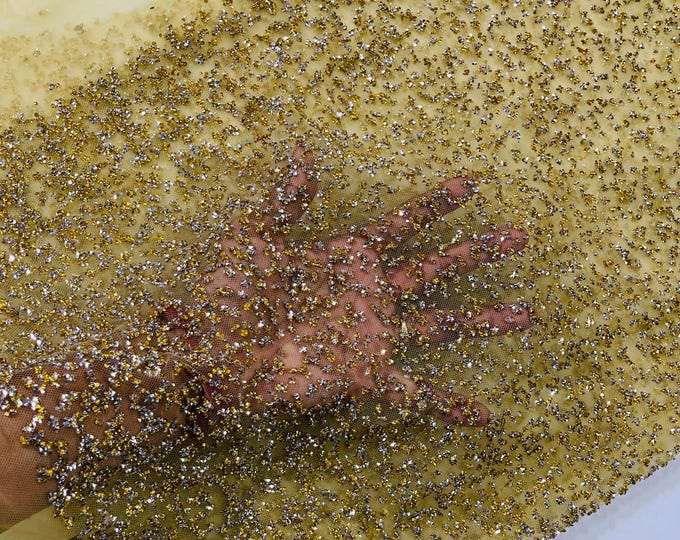 Gold Rhinestones Glitter Fabric on a Mesh By The Yard, Glitter Rhinestones on Mesh Fabric, Glitter Fabric | Glimmer | Sparkle Fabric
