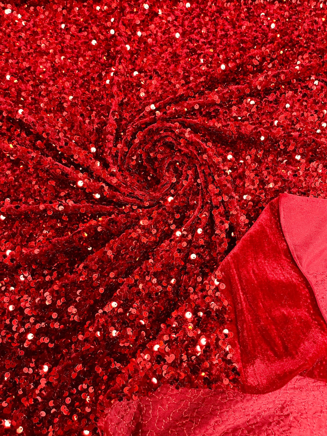 Red Sequin Velvet Fabric by the Yard on Cranberry Stretch Velvet Sequin