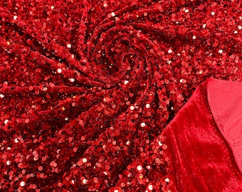 Red Sequin Velvet Fabric: Cranberry Stretch Velvet, 5mm Sequins
