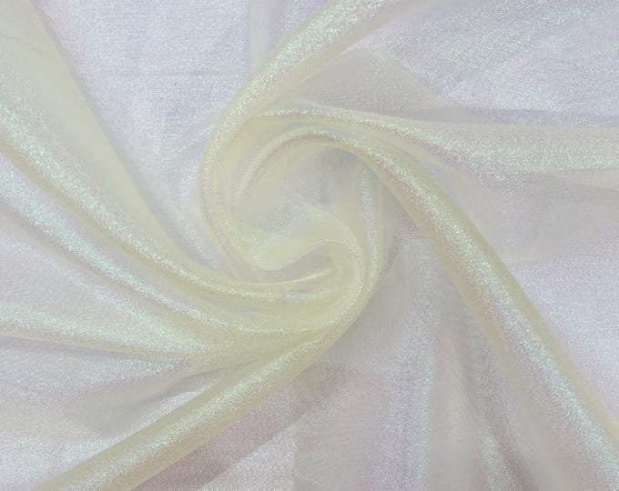 Light Yellow Iridescent Sparkle Organza Fabric, Stiff Holographic Shiny Wedding Bridal Dress Veil Fabric, Party Decor