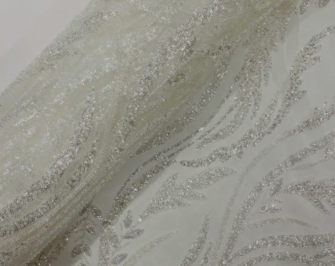 Ivory Clear Beaded Lace Fabric: Embroidered Leaf Pattern, Bridal Wedding Fabric