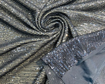 Navy Blue Mille Striped Sequin Fabric: 4-Way Stretch Mesh, Couture Gown