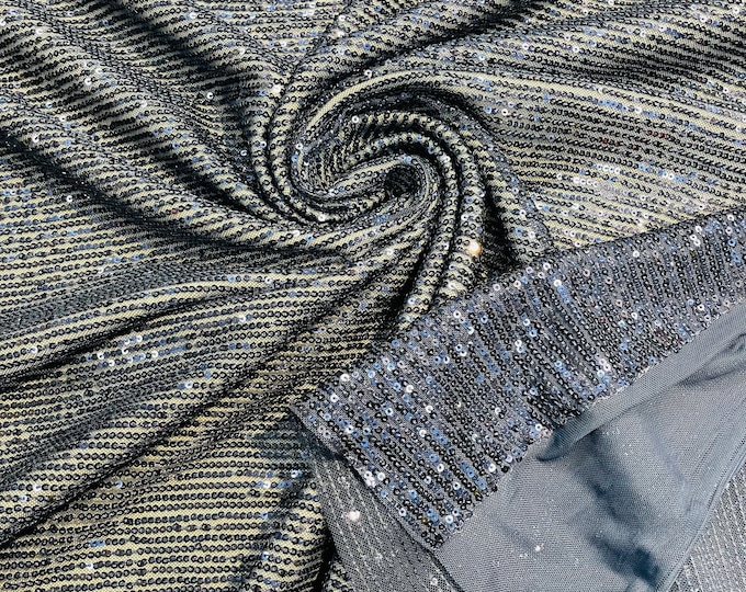 Navy Blue Mille Striped Stretch Sequins | by the yard | Lace 4 Way Mesh-Prom-Gown | Wedding Couture Fabric | Sequin Fabric