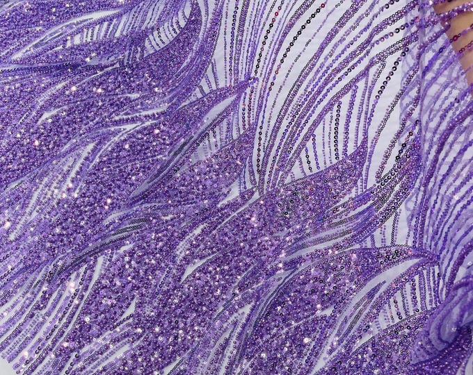 Lilac Beaded Lace Fabric: Embroidered Mesh, Bridal Wedding Dress - Sold By The Yard