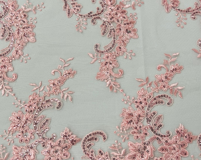 Pink Floral Lace Fabric, by the yard - Embroidery With Sequins on a Mesh Lace Fabric For Gown, Wedding-Bridal