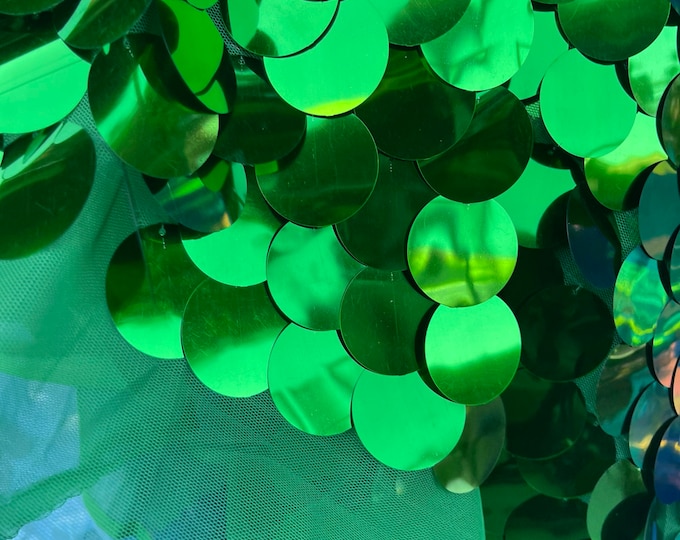 Green Big Sequin Fabric, 1.5” Paillette circle Sequin, Round Tear Drop Mermaid Sequins Fabric On 2 Way Stretch Mesh (Pick a Size)