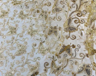 Champagne Butterfly Embroidered Lace Fabric with Metallic Thread & Sequins by yard