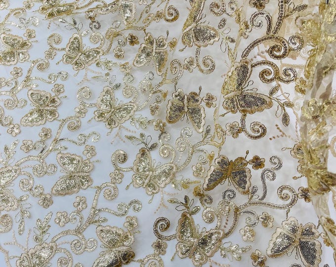 Champagne Butterfly Embroidered Lace Fabric with Metallic Thread & Sequins by yard