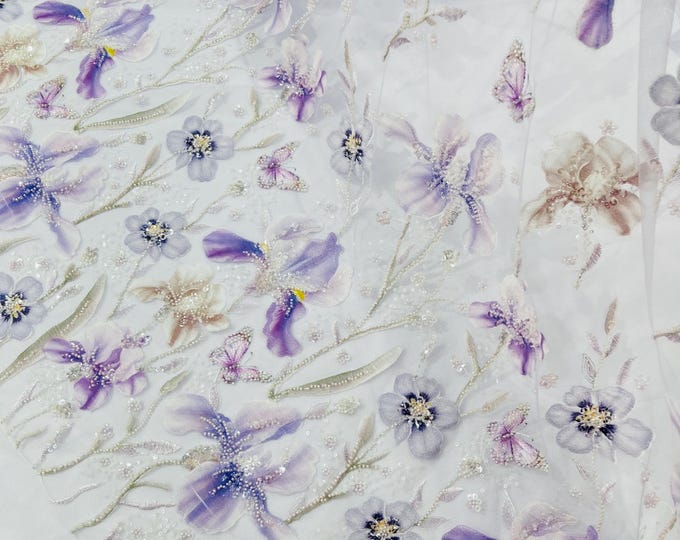 Lilac Magnolia 3D Flower Beaded Sequin Fabric: Embroidered Butterfly Mesh Bridal Wedding Appliqué