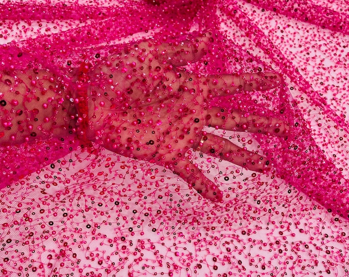 Fuchsia Beaded Sequin Mesh Lace Fabric, Rain Design Embroidery By The Yard