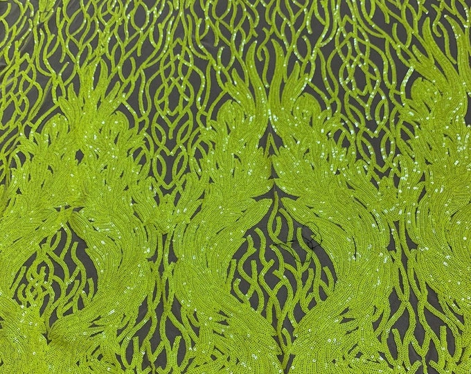 Yellow Sequins Lace Fabric On Nude Mesh, DAMASK Design Embroidered on  Mesh 4 way Stretch Sequin By The Yard -Prom-Gown ( Choose The Size )