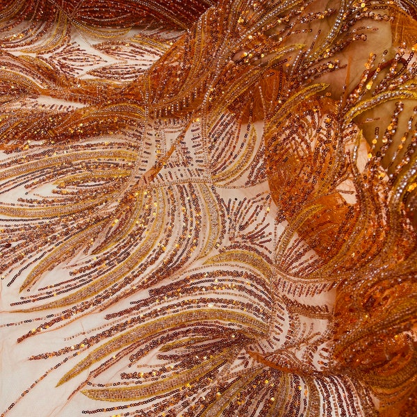 Burnt Orange Beaded Fabric by the yard, Bridal beaded, Damask Pattern With Beads and Sequin, Appliqué lace for bridals,weddings,prom dress.