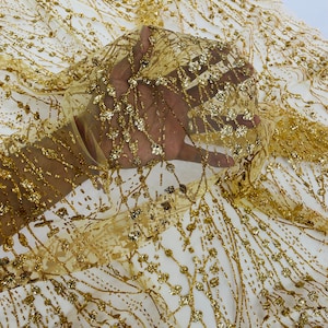 Gold Glitter on Mesh Lace Fabric By The Yard for Wedding Decor - Bridal/Prom - Shimmer, Glitter Fabricr - Luxury Sparkle Mesh