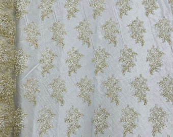 Ivory & Gold Sequined Floral Lace Fabric – Corded Mesh, Bridal Dress