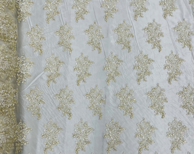 Ivory & Metallic Gold Flowers With Sequins Corded Lace On Mesh Fabric By The Yard Used For -Dress-Bridal-Fashion