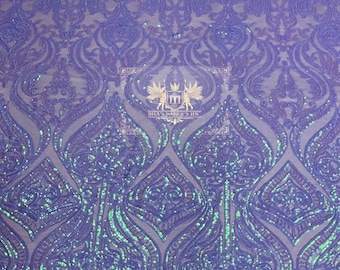 Lavender Iridescent Sequin Fabric, Damask Design, 4-Way Stretch Mesh, Prom Gown