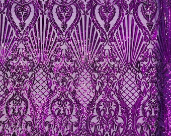 Purple Sequin Damask Fabric, 4-Way Stretch Lace Mesh, Gala Gown Fabric