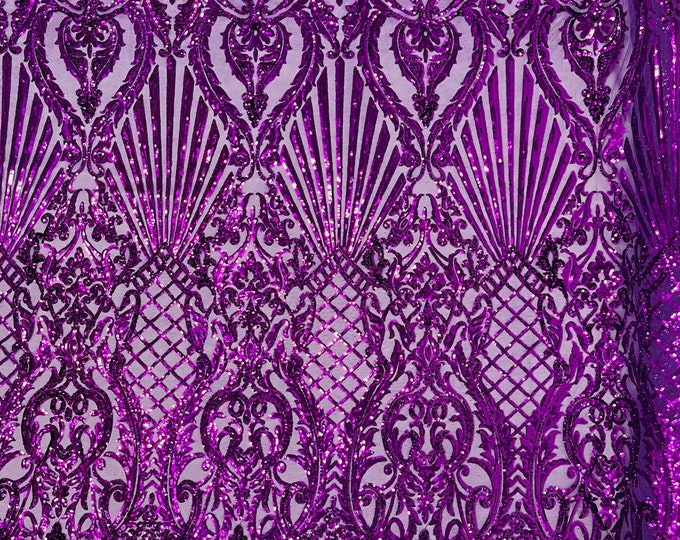 Purple Sequin Fabric, Selena Damask Design on a 4 Way Stretch Sequin Lace Mesh - Prom Gala Gown Fabric By Yard