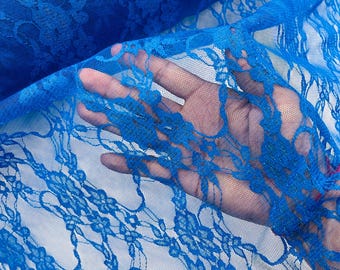 Royal Blue Floral Lace Fabric - 4 Way Stretch Spandex Mesh, Sold by the Yard