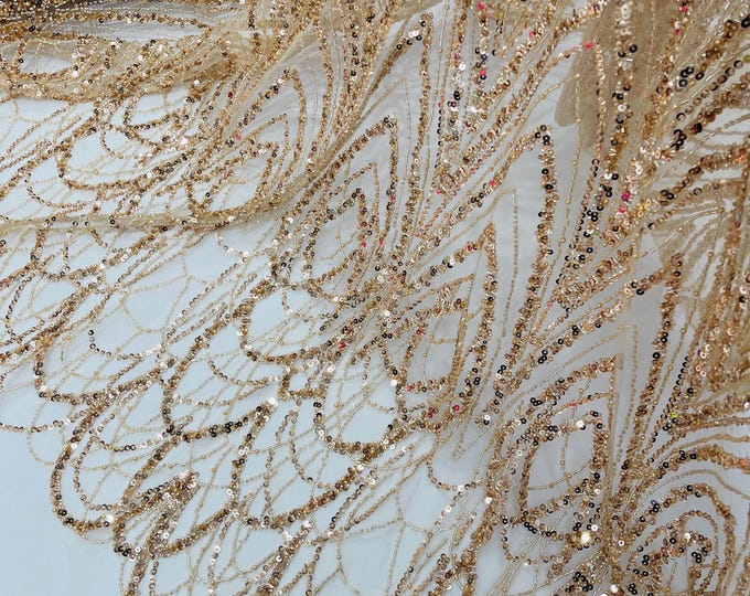 Champagne Fashion Design Beads and Sequins, Luxury Beaded Fabric Embroidered on a Mesh Lace,Wedding,Bridal,Dress Sold By The Yard