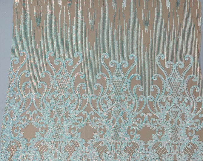 Aqua iridescent Sequin - Nude Mesh 4 Way Stretch Fancy Damask Design Sequins on Spandex Mesh Prom Gala Gown Fabric By The Yard