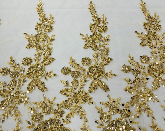 Gold Floral Pattern Beaded Fabric - Embroidered Beaded & Sequins Wedding Bridal Fabric | Lace Beaded | Sold By The Yard