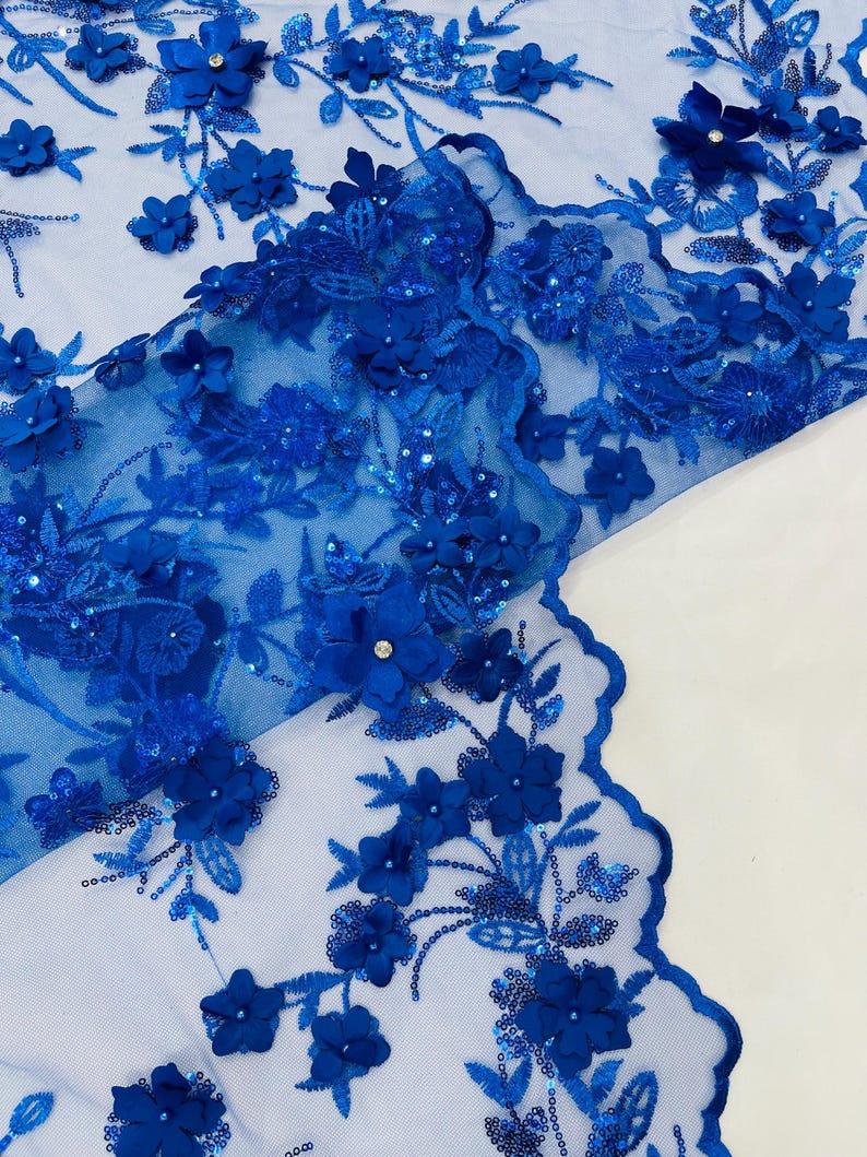 Royal Blue 3D Floral Lace Fabric Sequin: Embroidered With Pearls and ...
