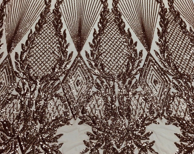 Rose Gold Sequins Fabric  - 4 Way Stretch Geometric Diamond Design on Mesh Fabric for Prom Gala Gown By The Yard