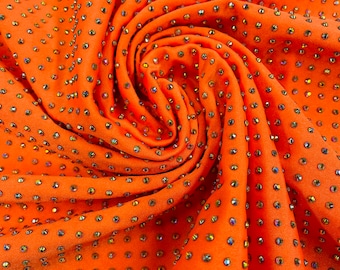 Orange Rhinestone Spandex Fabric: 4-Way Stretch Prom Dress Material by the yard
