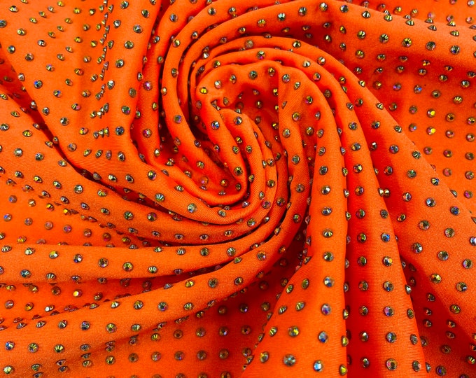 New Luxury AB Rhinestone on Orange Spandex 4 Way stretch Fabric 60" Wide, Rhinestone Fabric-Prom-Drees sold by the yard ( Pick a Size )