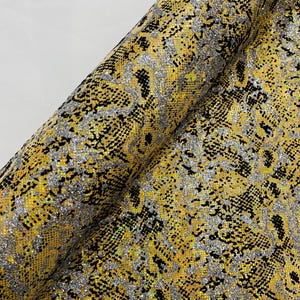 Gold Silver Glitter Snake Design Shattered Glass Nylon Spandex Fabric By Yard, Snake Flocking Hologram, Glitter Snake Nylon Spandex Fabric