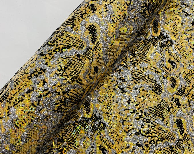 Gold Silver Glitter Snake Design Shattered Glass Nylon Spandex Fabric By Yard, Snake Flocking Hologram, Glitter Snake Nylon Spandex Fabric