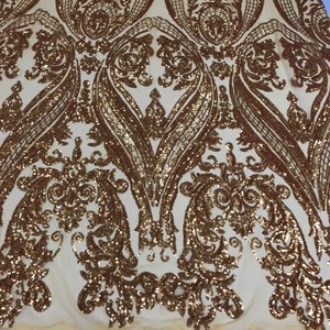 Gold Sequin - 4 Way Stretch Fancy Big Damask Design Sequins on Spandex Mesh Prom Gala Gown Fabric By The Yard