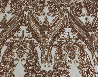 Gold Sequin Damask Fabric – 4-Way Stretch Spandex Mesh, Gala Gown