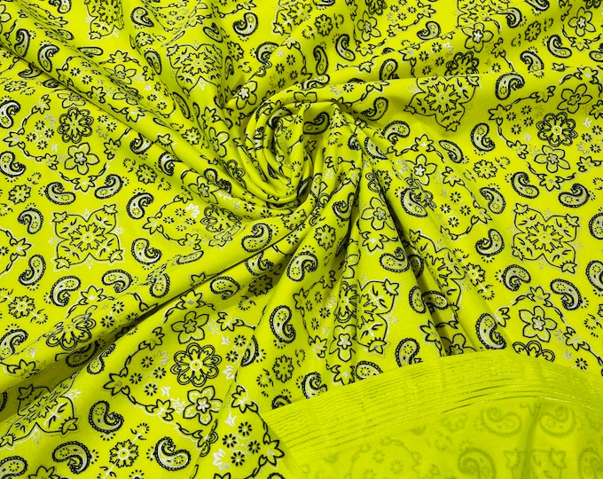 Neon Yellow Bandana Print Fabrics - Nylon Spandex Fabric 4 Way Stretch Sold By The Yard (Pick a Size)